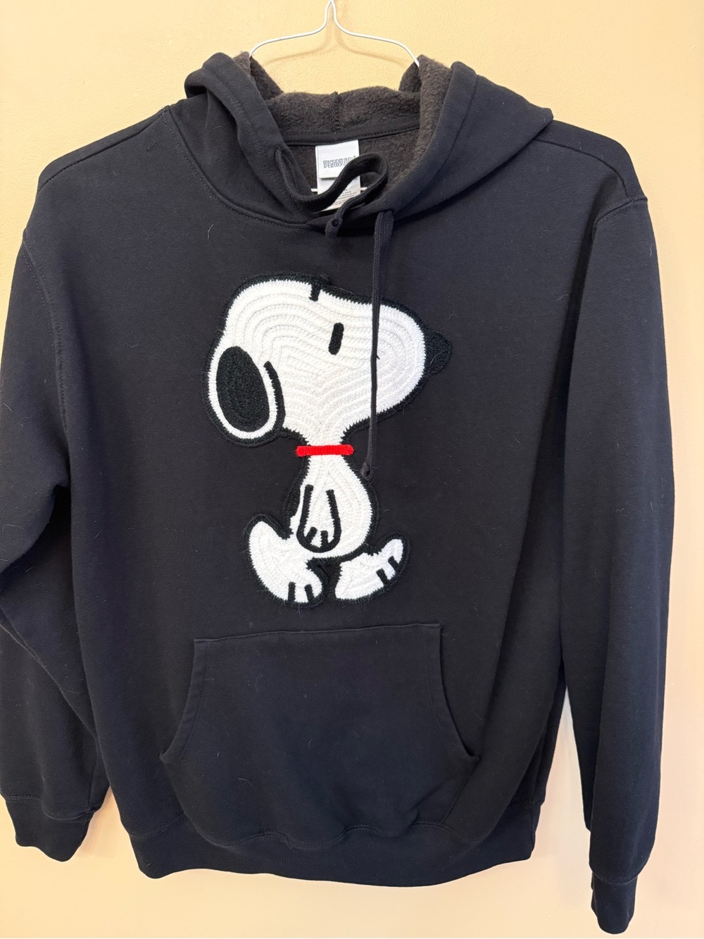 Peanuts Black Hoodie with Large Snoopy Patch and Red Collar Detail